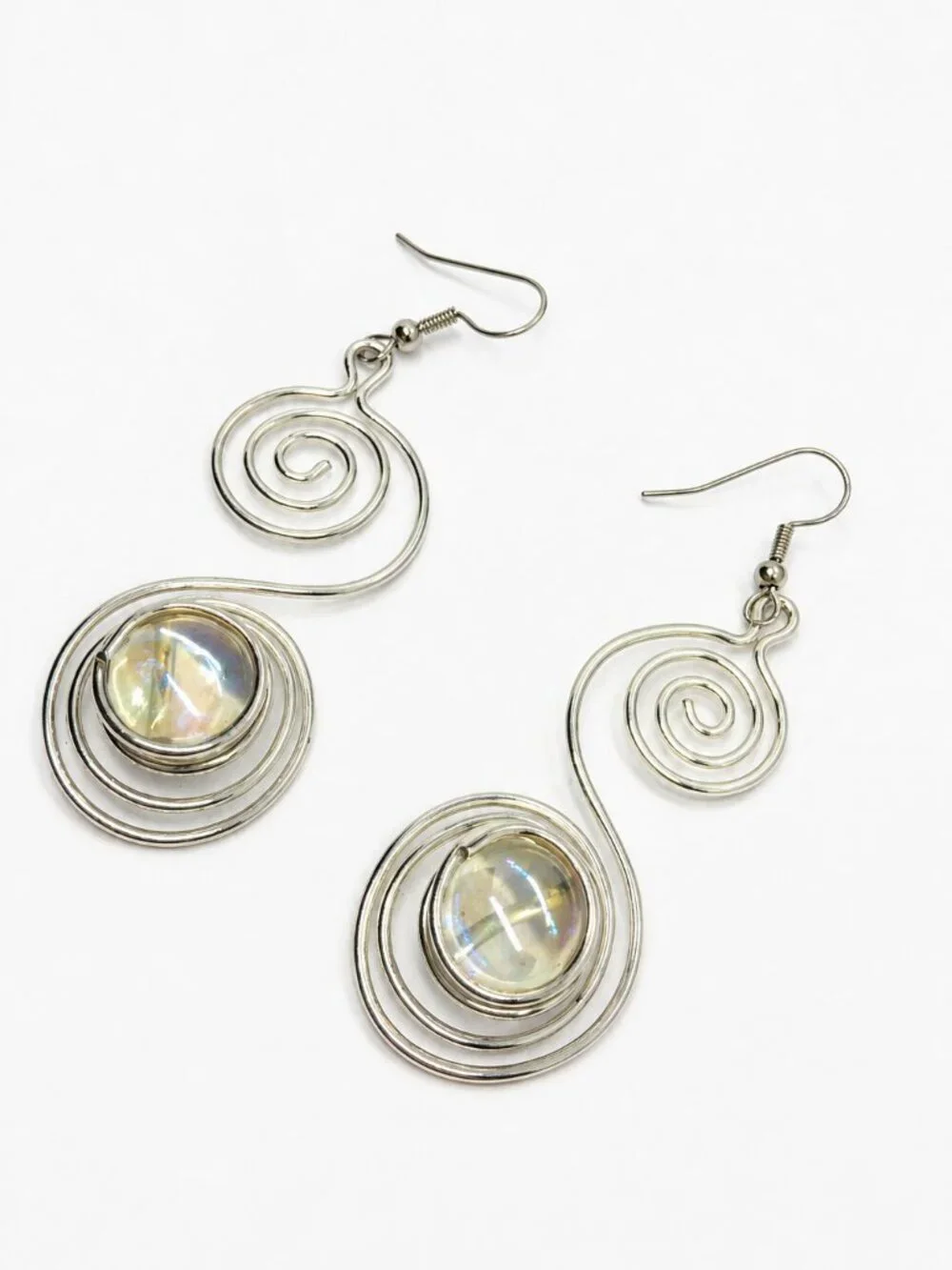 SILVER TONE EARRINGS Spiral Wire Iridescent Cabochon Modernist Dangle Pierced